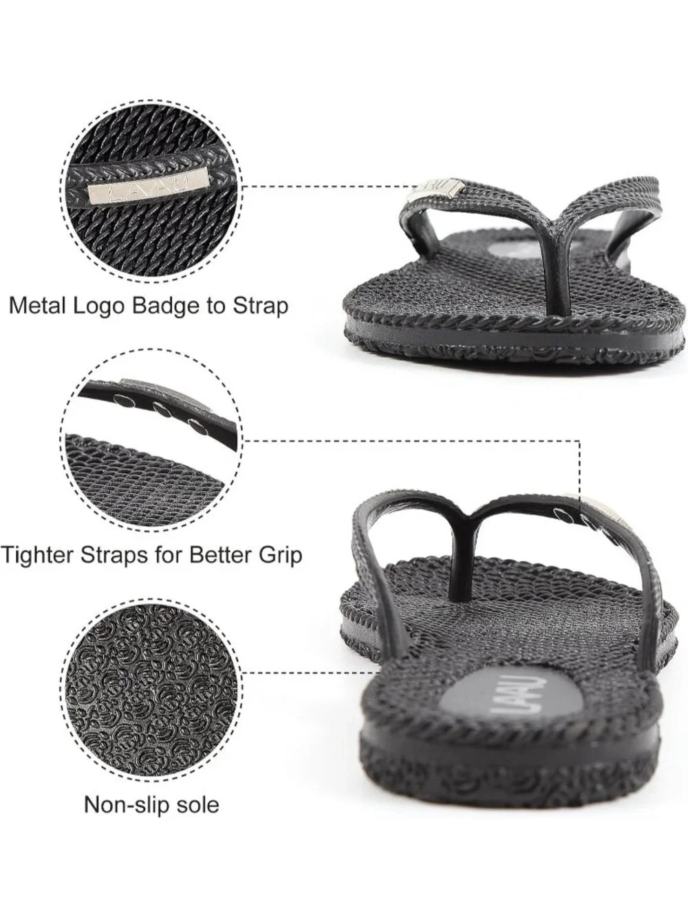 Women's Black Rubber Sole Waterproof Non Slip Flip Flops Flat Thong Sandals